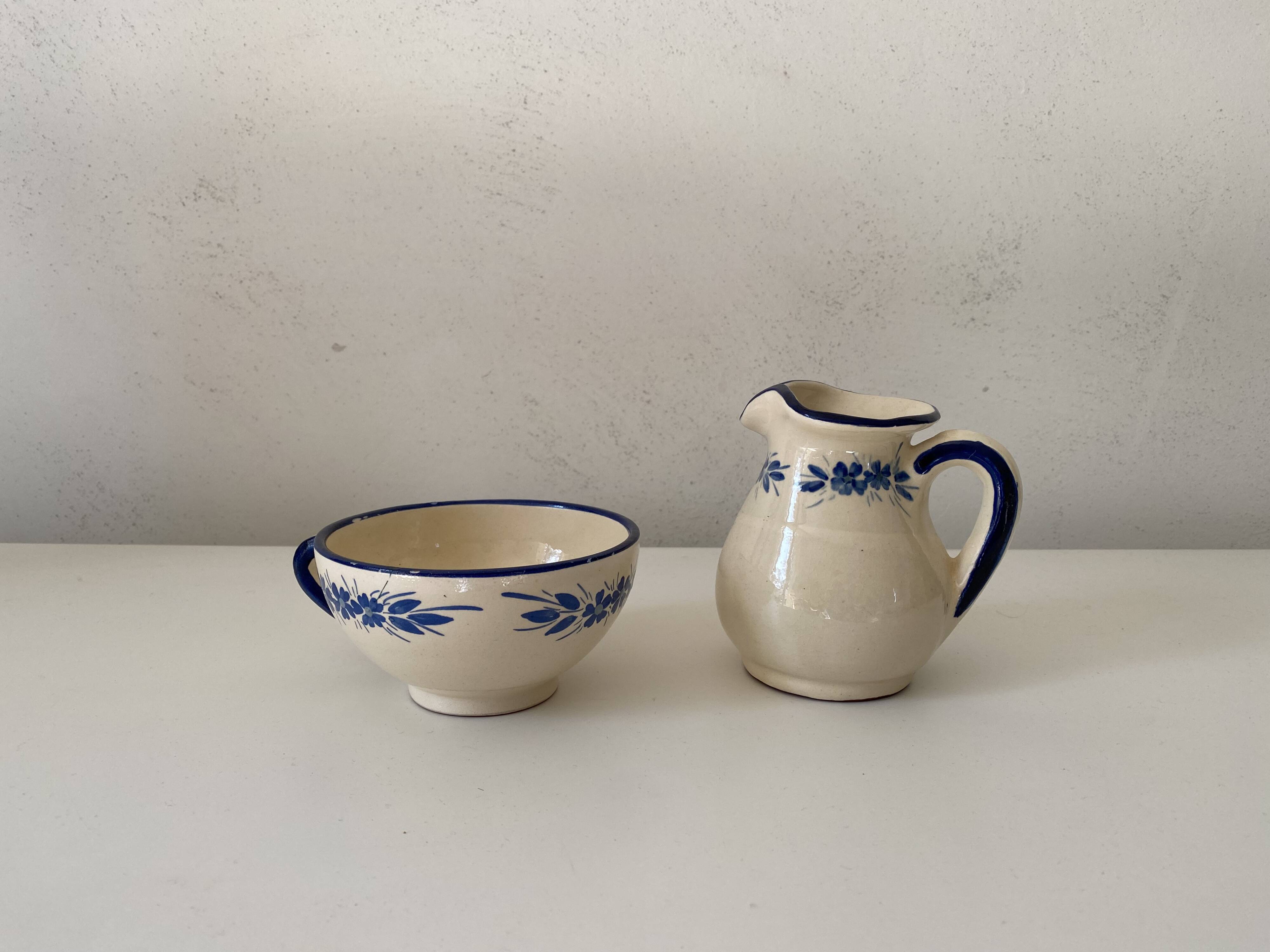 Handcrafted ceramic pitcher and bowl signed – blue decor – vintage tableware