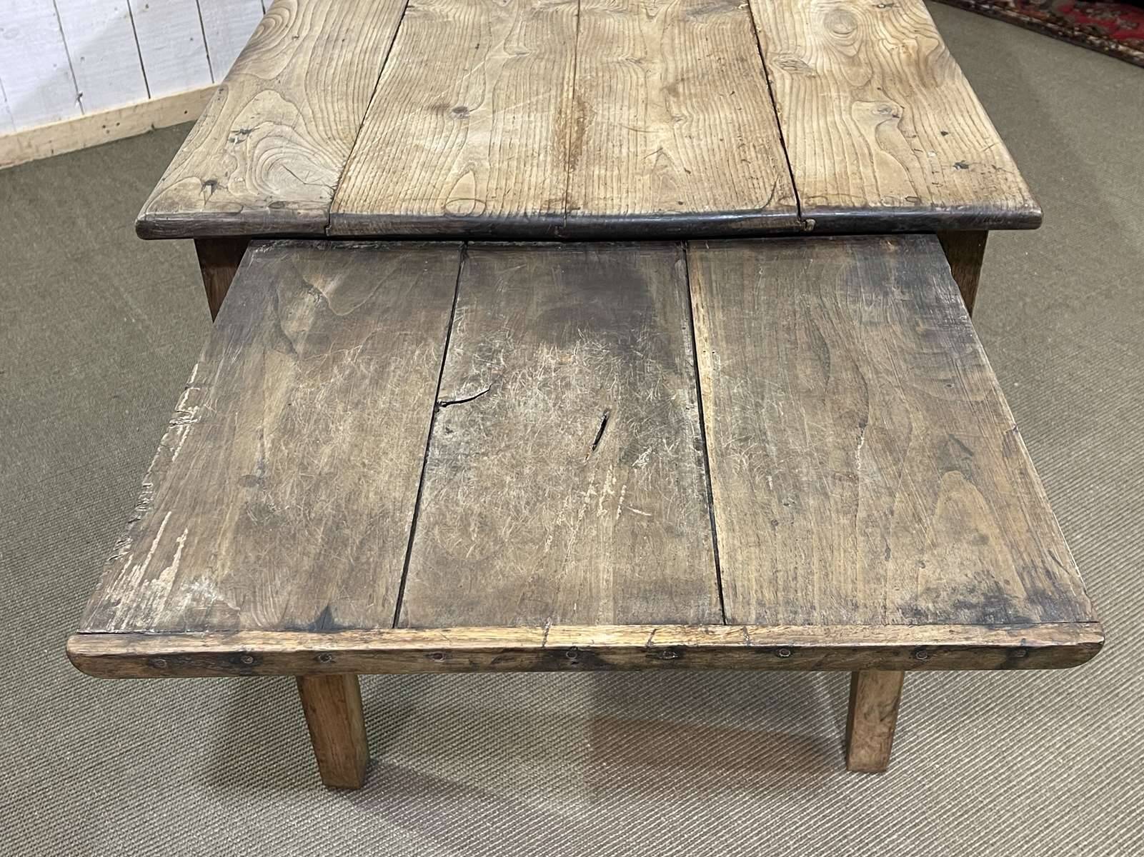 19th century farmhouse table in raw chestnut with original drawer and shelf