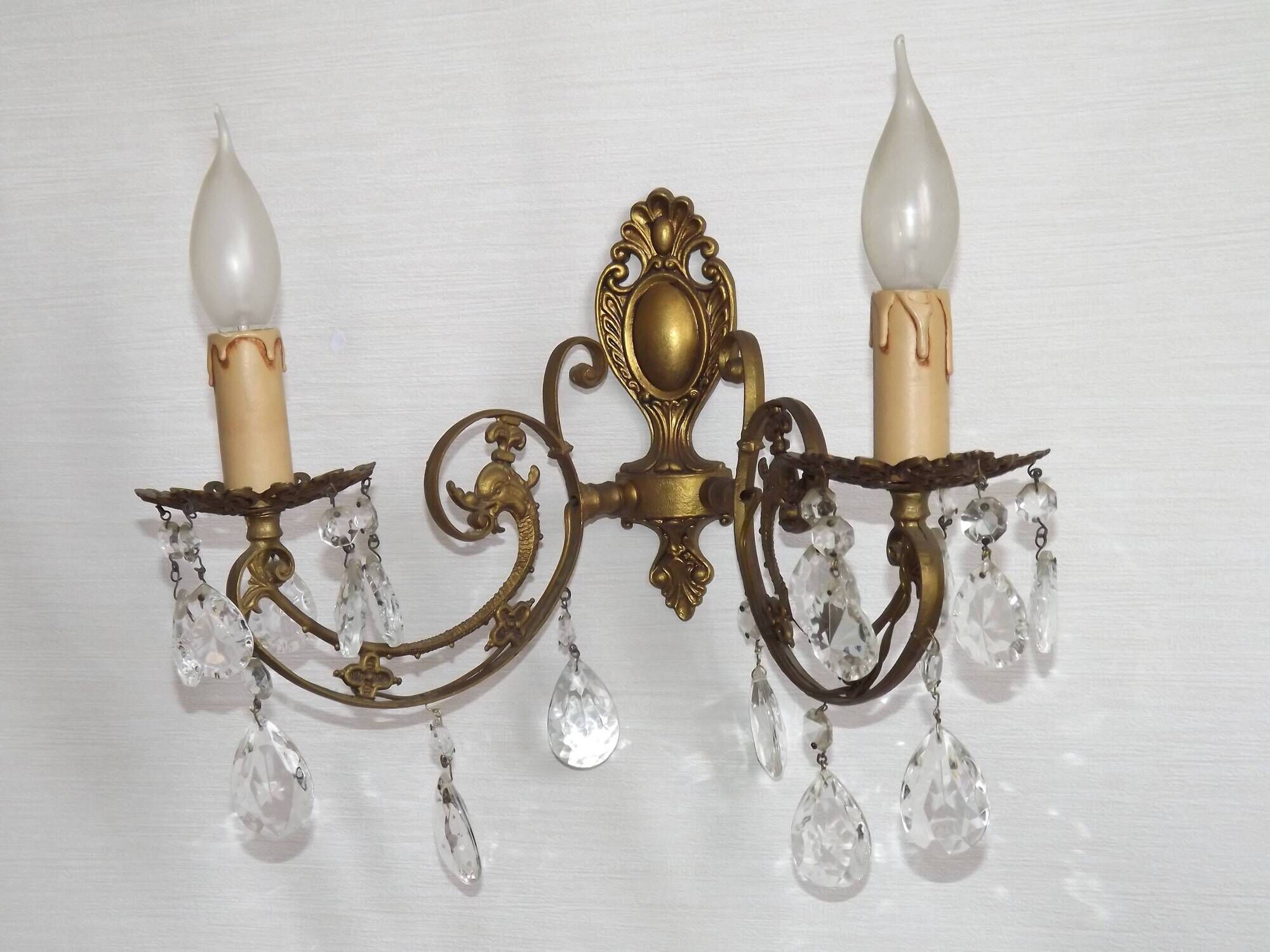 French Vintage Double Bronze & Crystal Wall Light - Stylized Dolphin Detail