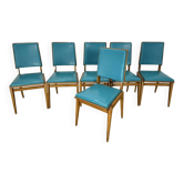 Set of 6 vintage chairs from the 50s/60s – wood and turquoise blue faux leather