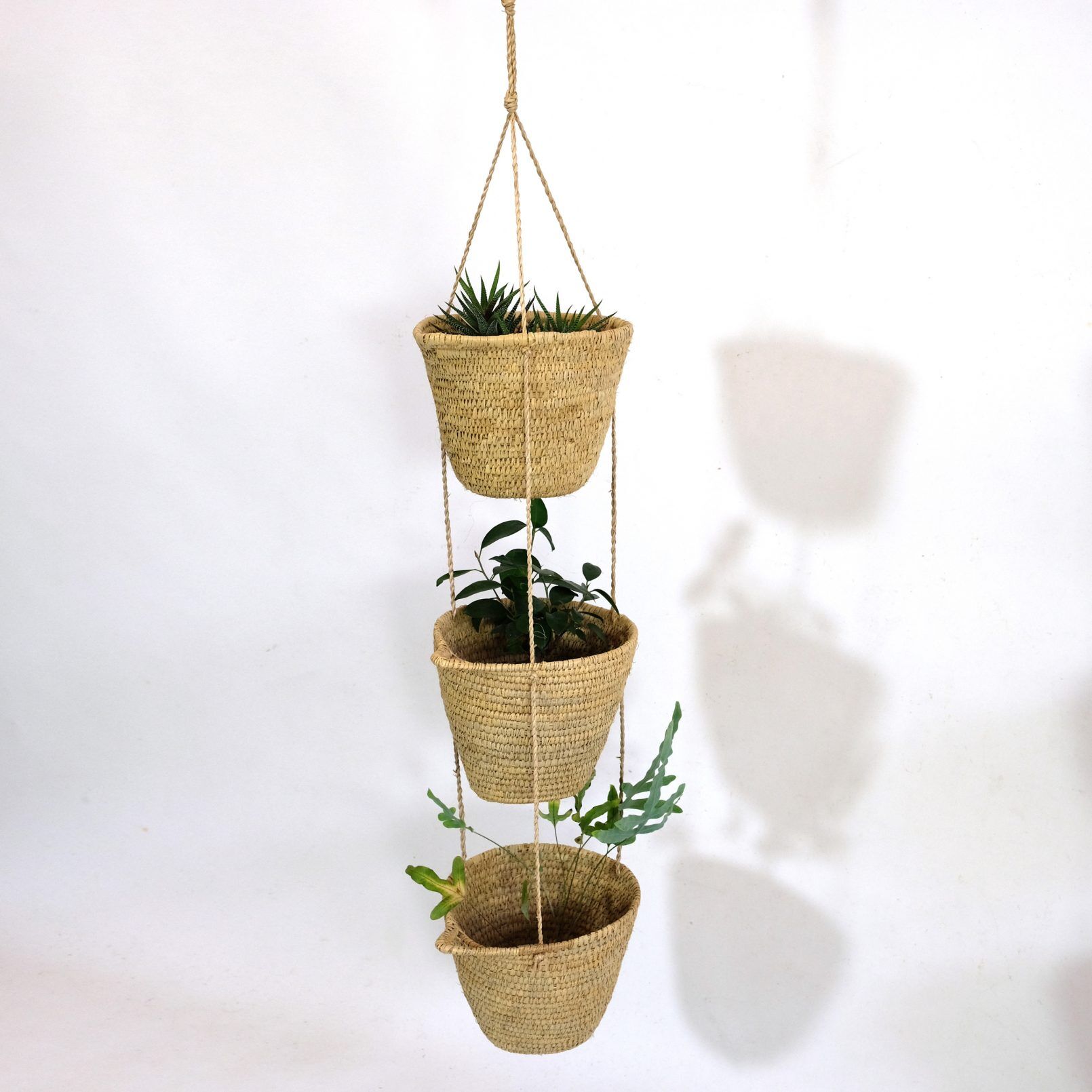 Hanging baskets made of natural fiber