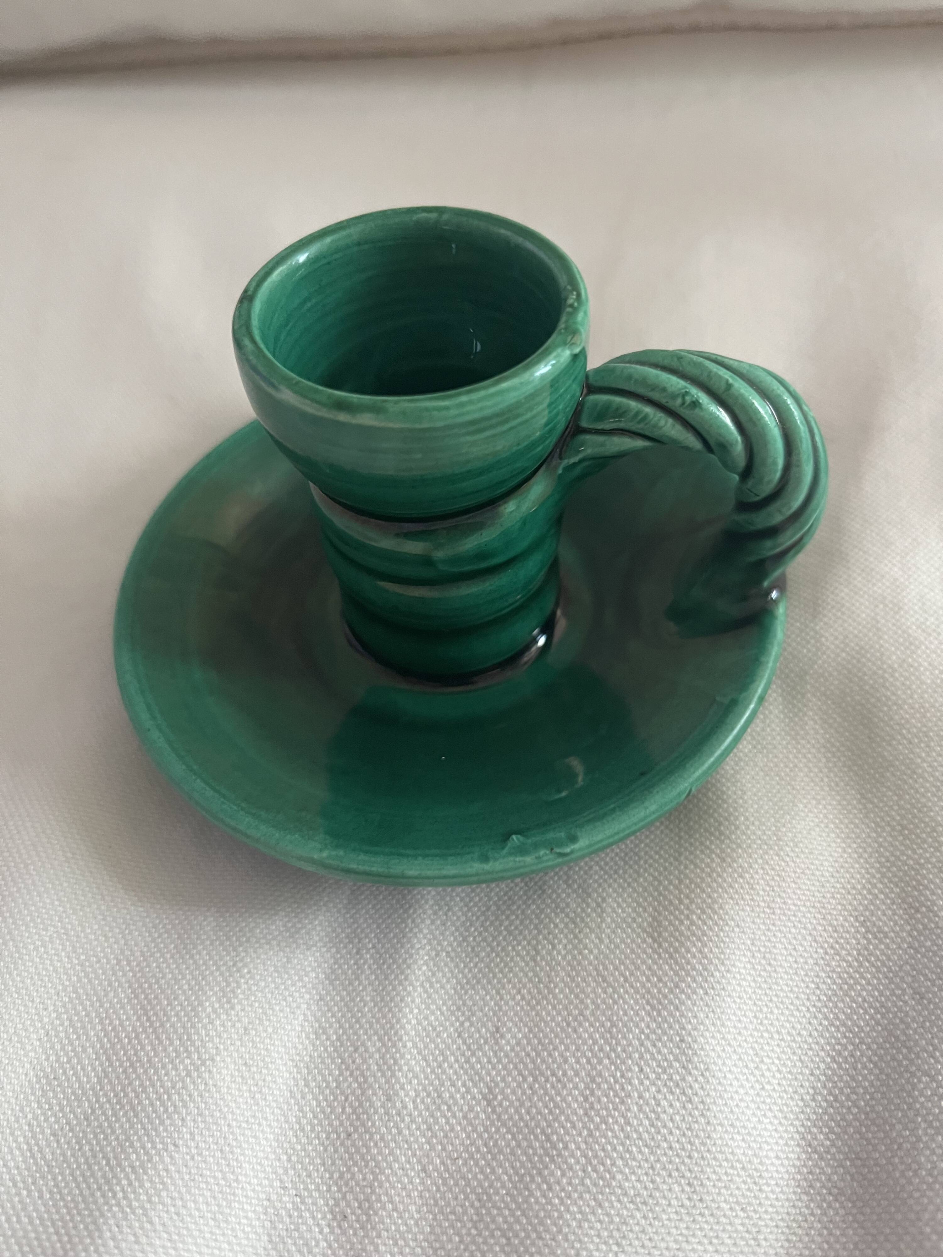 Vallauris green ceramic candlestick