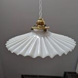 Ancienne suspension baladeuse en opaline plissée/drapée blanche Art déco 1930 Ø 24.5 cm