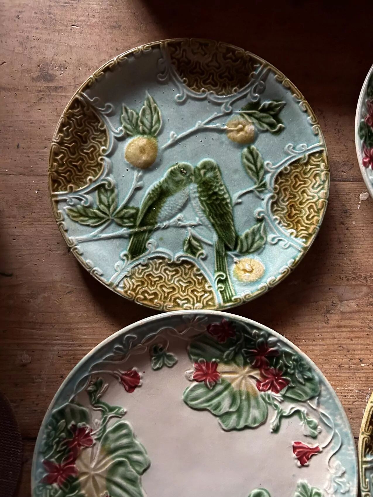 Antique faience barbotine plates – Mismatched set – circa 1900