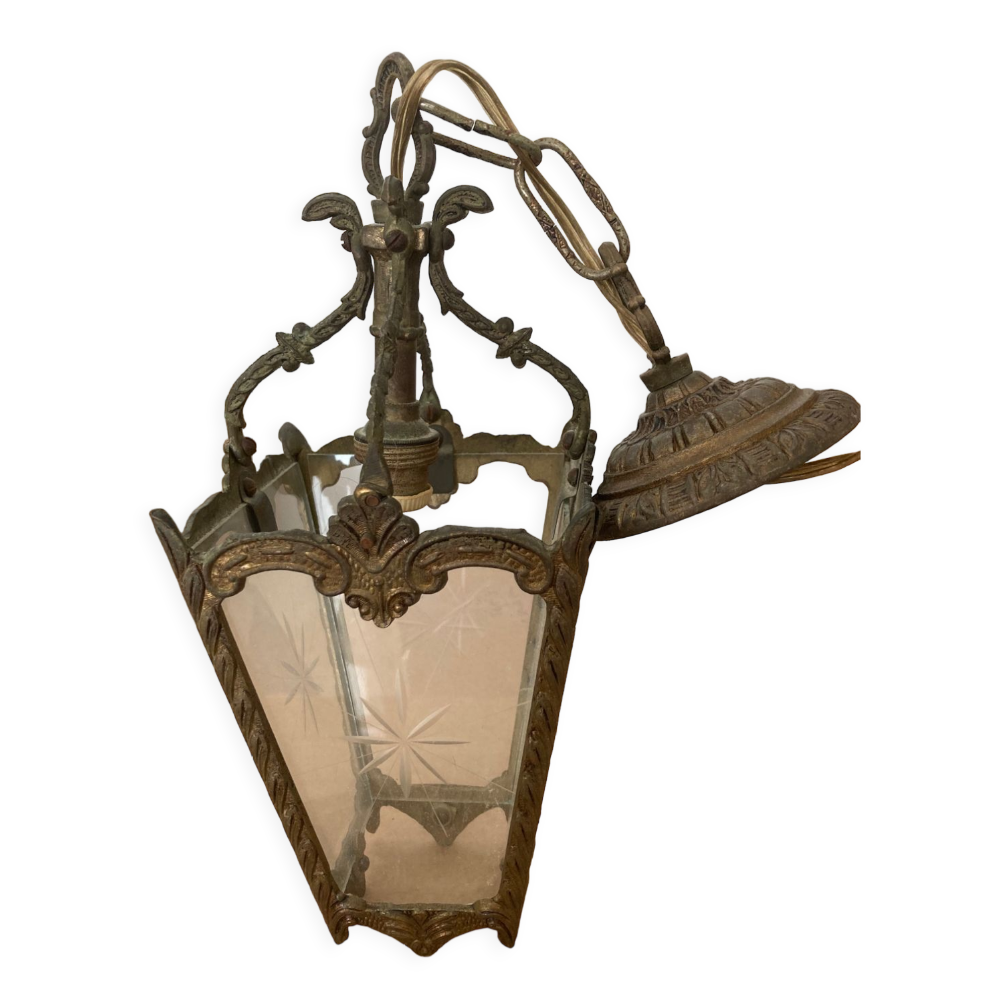 Pair of bronze and glass pendant lamps