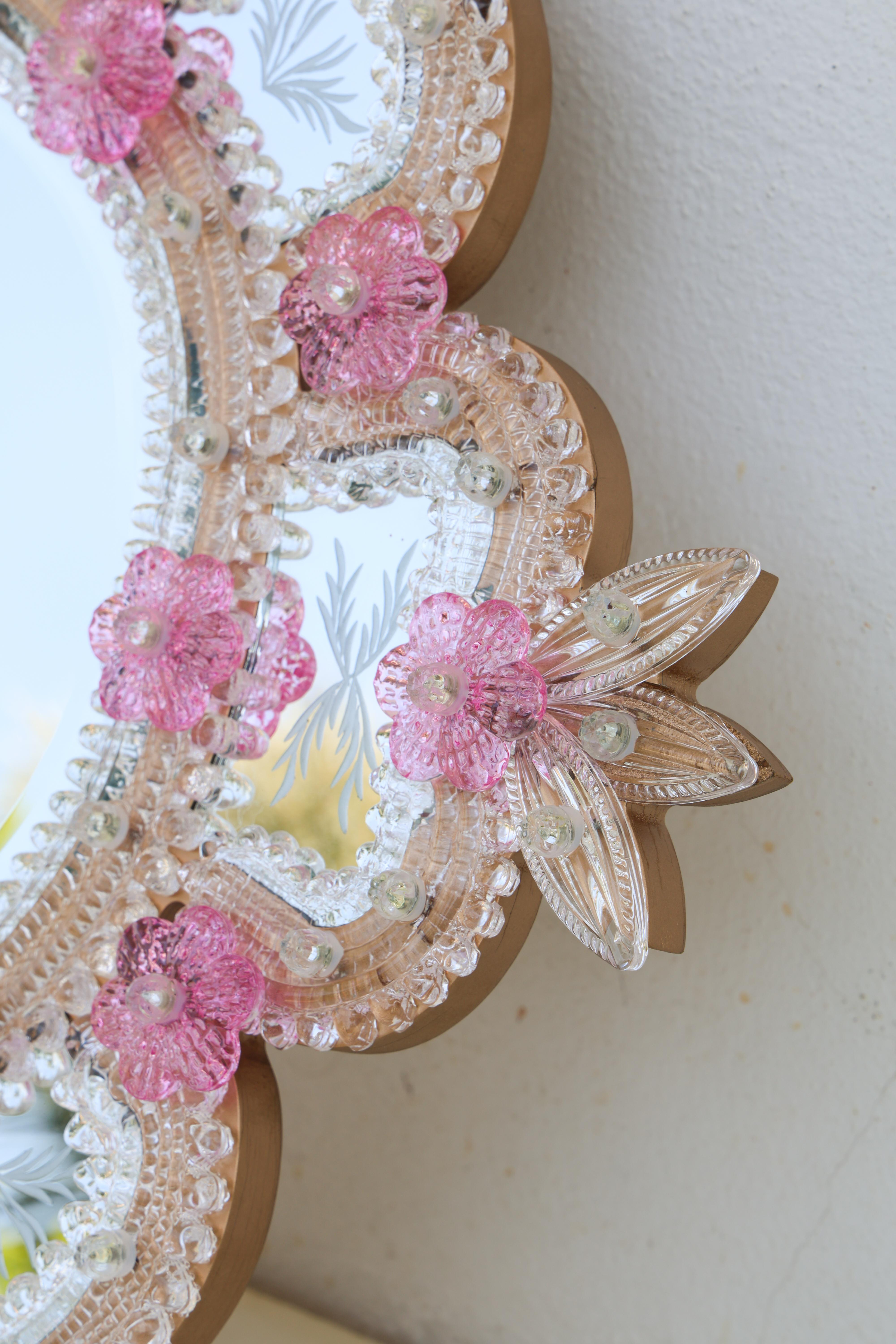 Exceptional Vintage Pink Murano Glass Wall Mirror