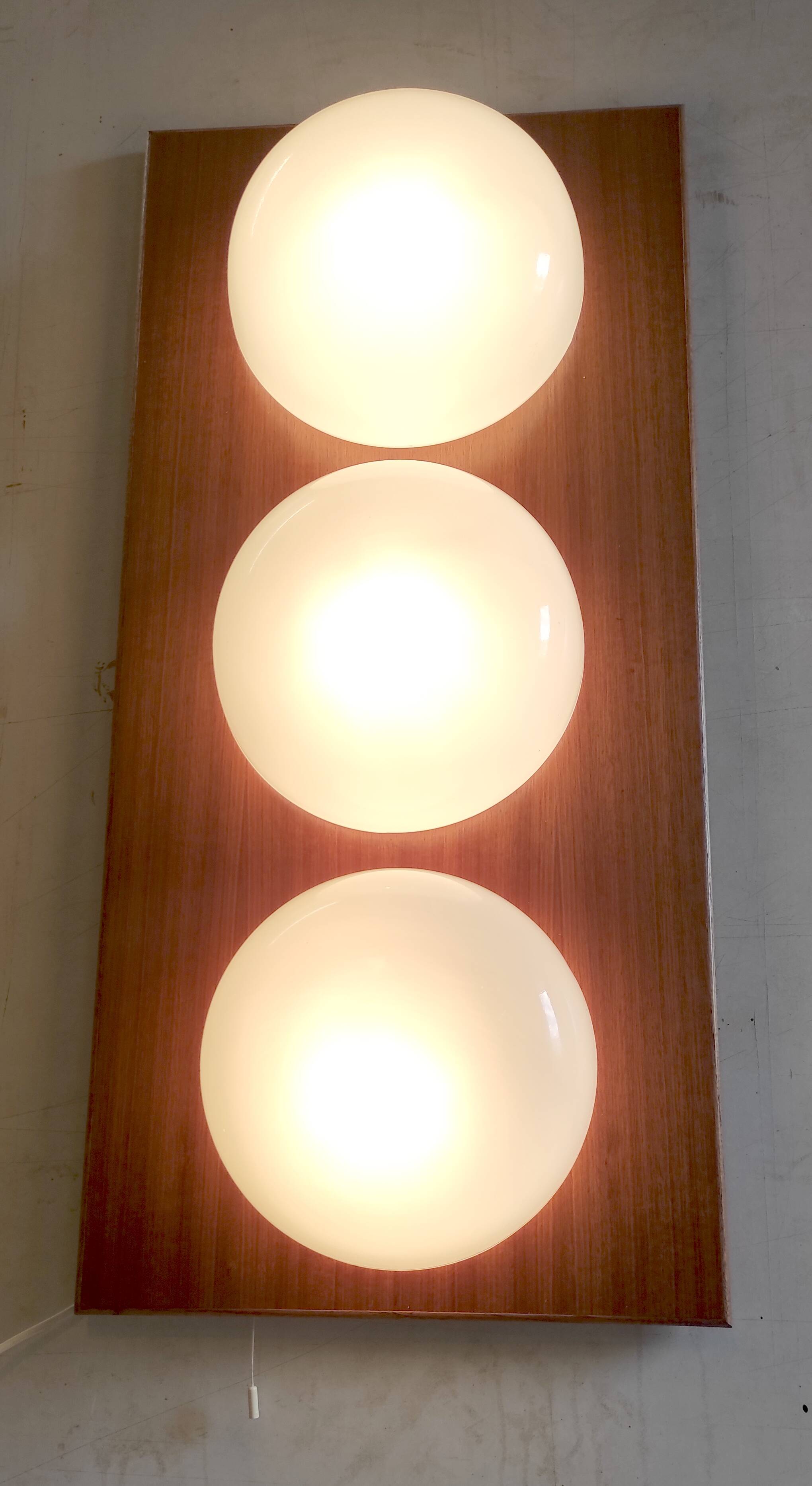 3-light designer wall lamp in opaline and teak - mid-20th century