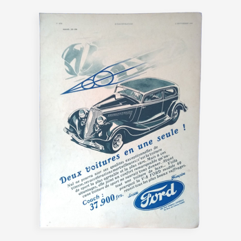 Une publicité papier  voiture Ford  V 8  issue revue d'époque  1933