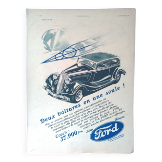 Une publicité papier  voiture Ford  V 8  issue revue d'époque  1933