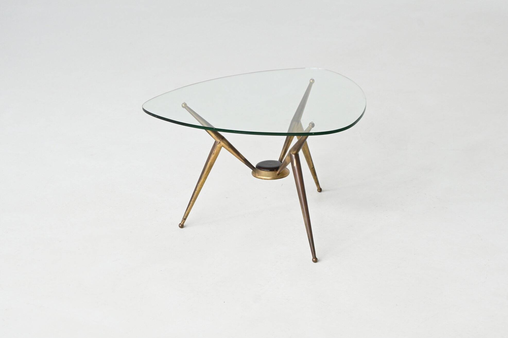 Italian tripod triangle coffee table brass and glass Italy 1950