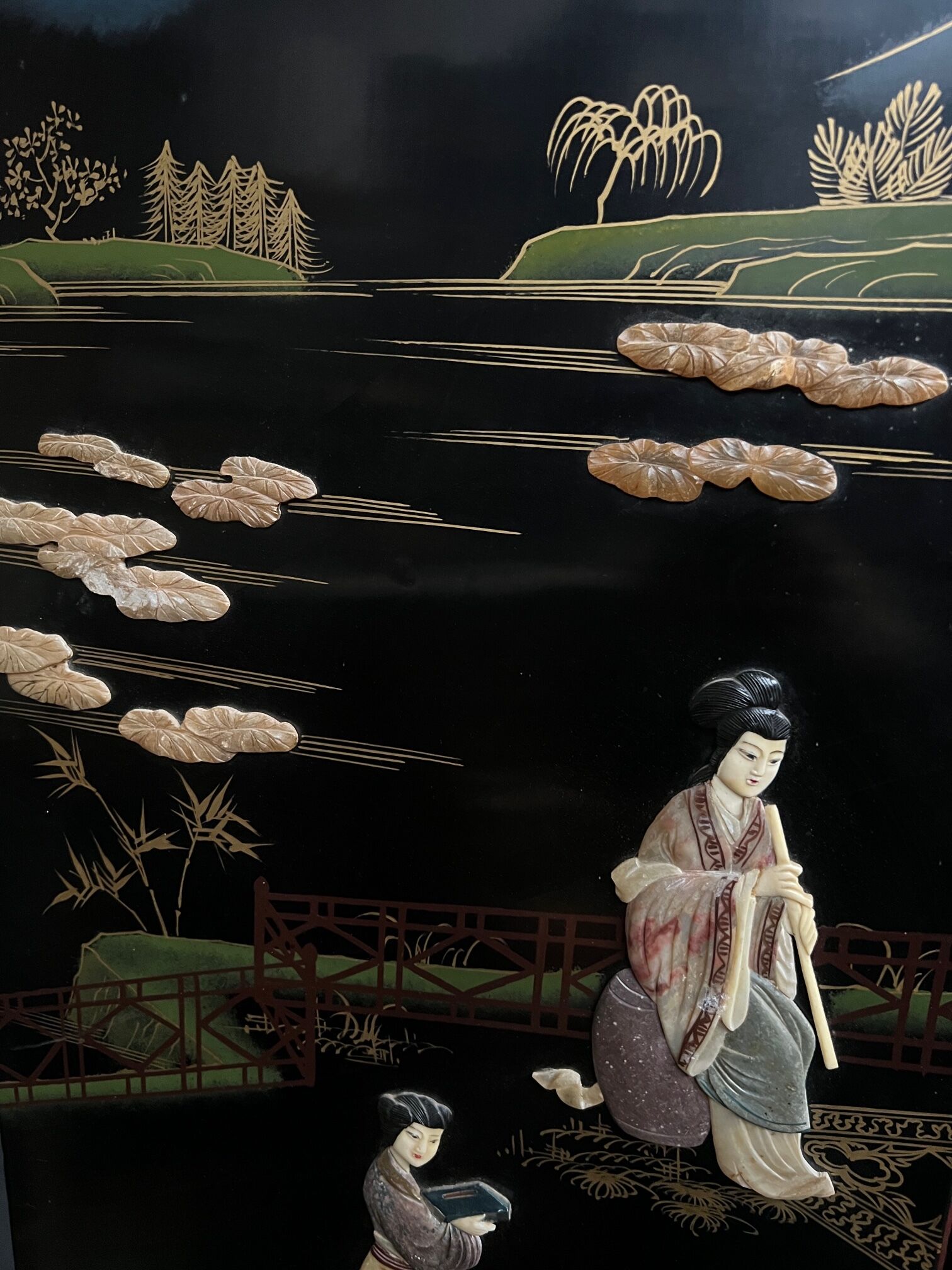 Antique Chinese bedroom screen, inlay of soapstone, jade, ivory, mother-of-pearl