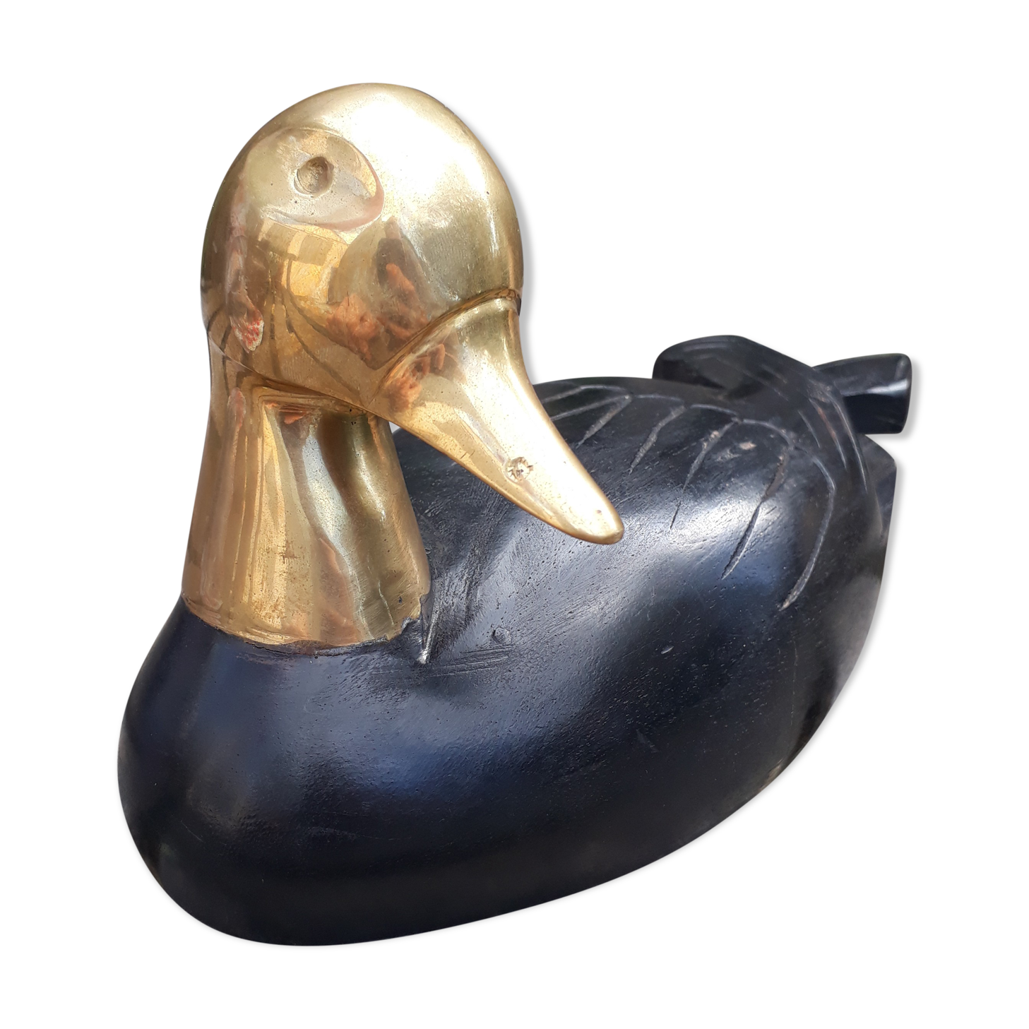 Canard en bois teinté noir, tête laiton, artisanal