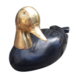 Black stained wooden duck, brass head, artisanal