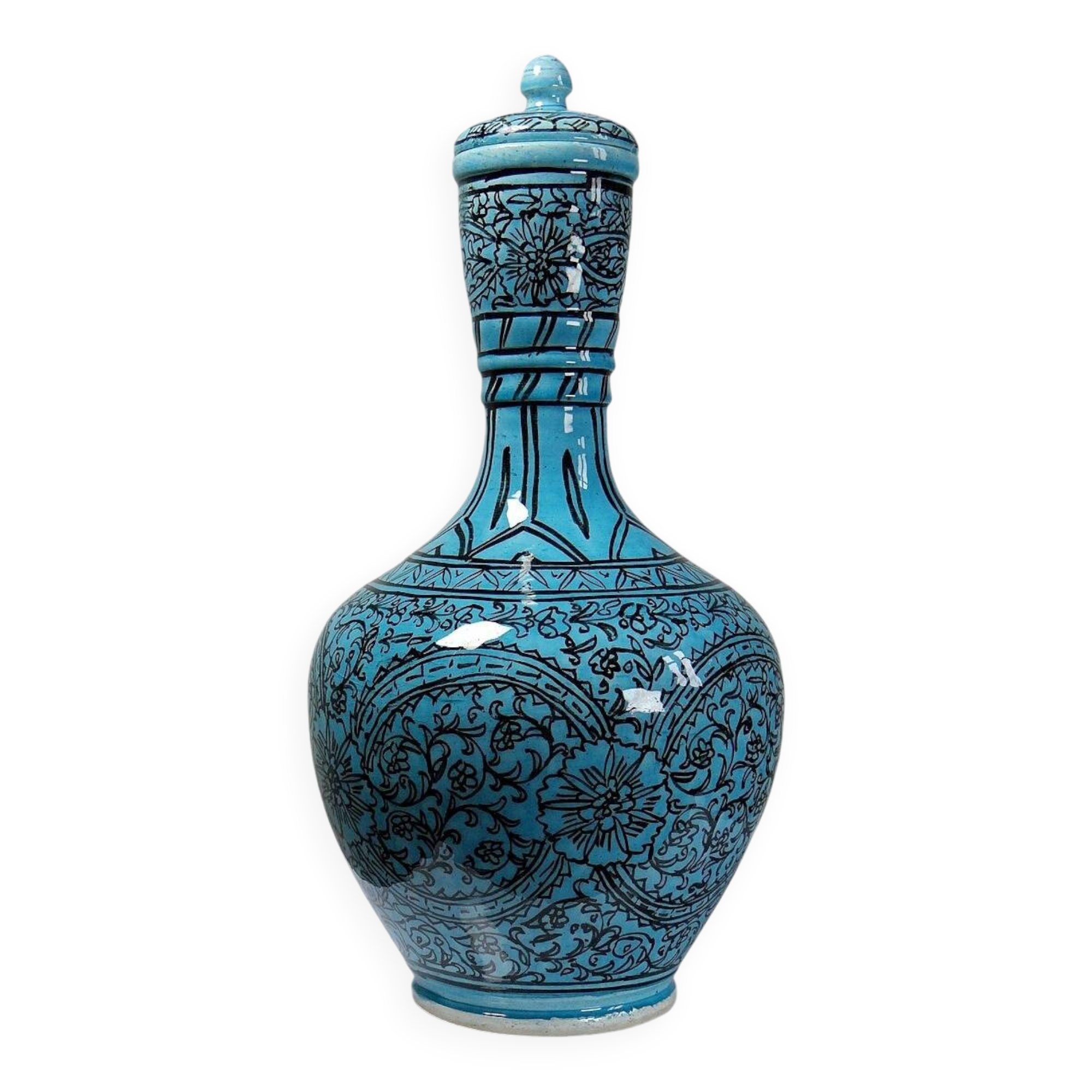 Covered vase or jar Persian glazed pottery Iznik turquoise painted vintage