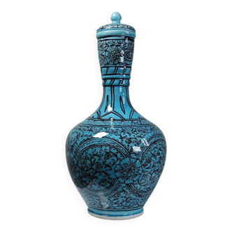 Covered vase or jar Persian glazed pottery Iznik turquoise painted vintage