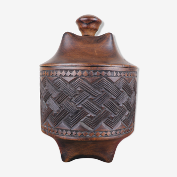 Kuba carved wood cylindrical lidded container