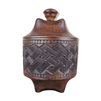 Kuba carved wood cylindrical lidded container