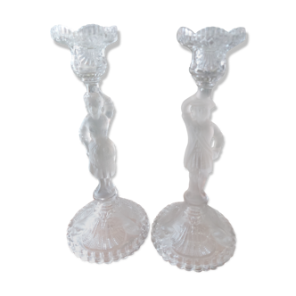 Pair of molded glass torque candlesticks