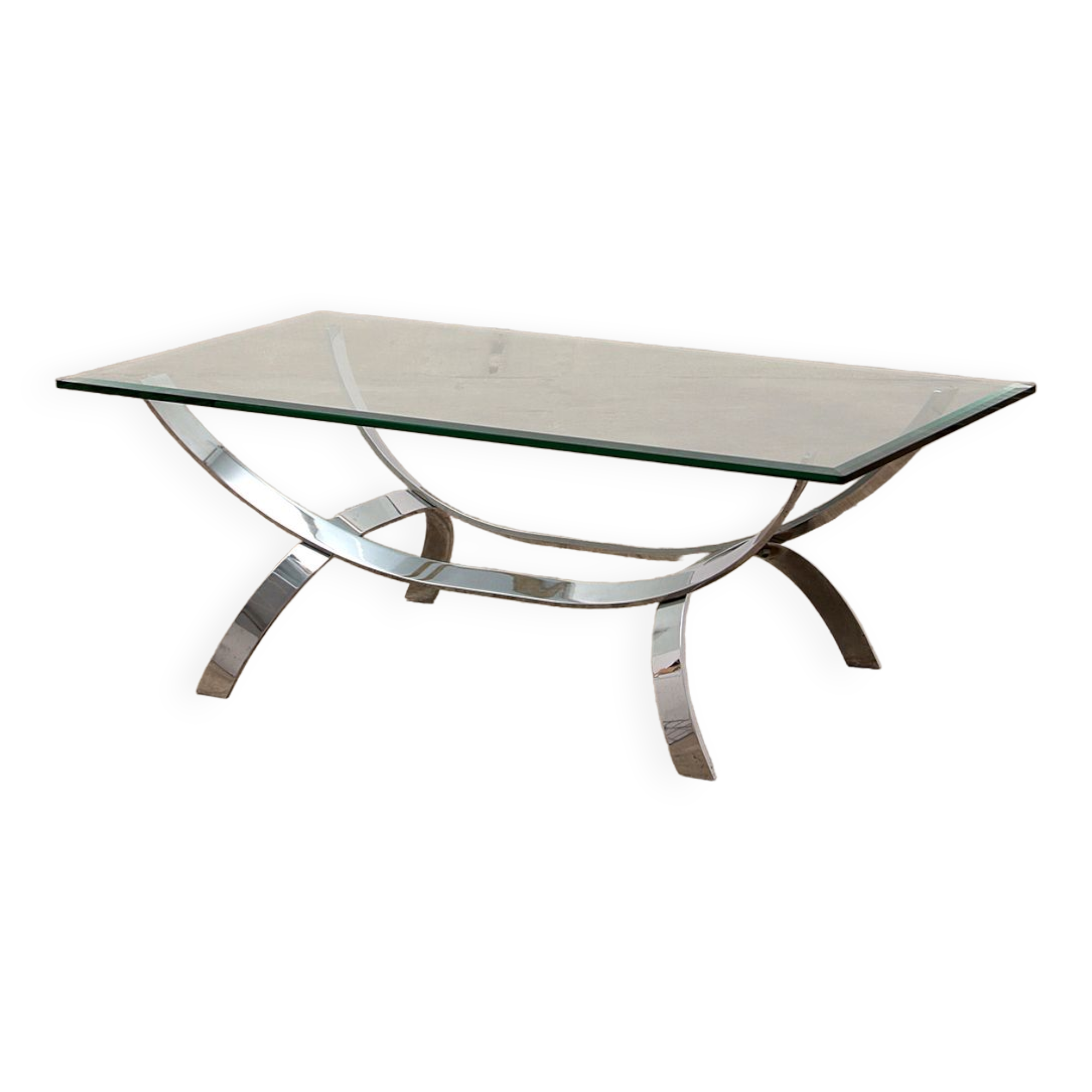 Space age chrome coffee table with thick glass top 1970