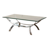 Table basse space age chrome avec plateau en verre épais 1970