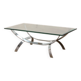 Table basse space age chrome avec plateau en verre épais 1970