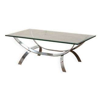 Space age chrome coffee table with thick glass top 1970