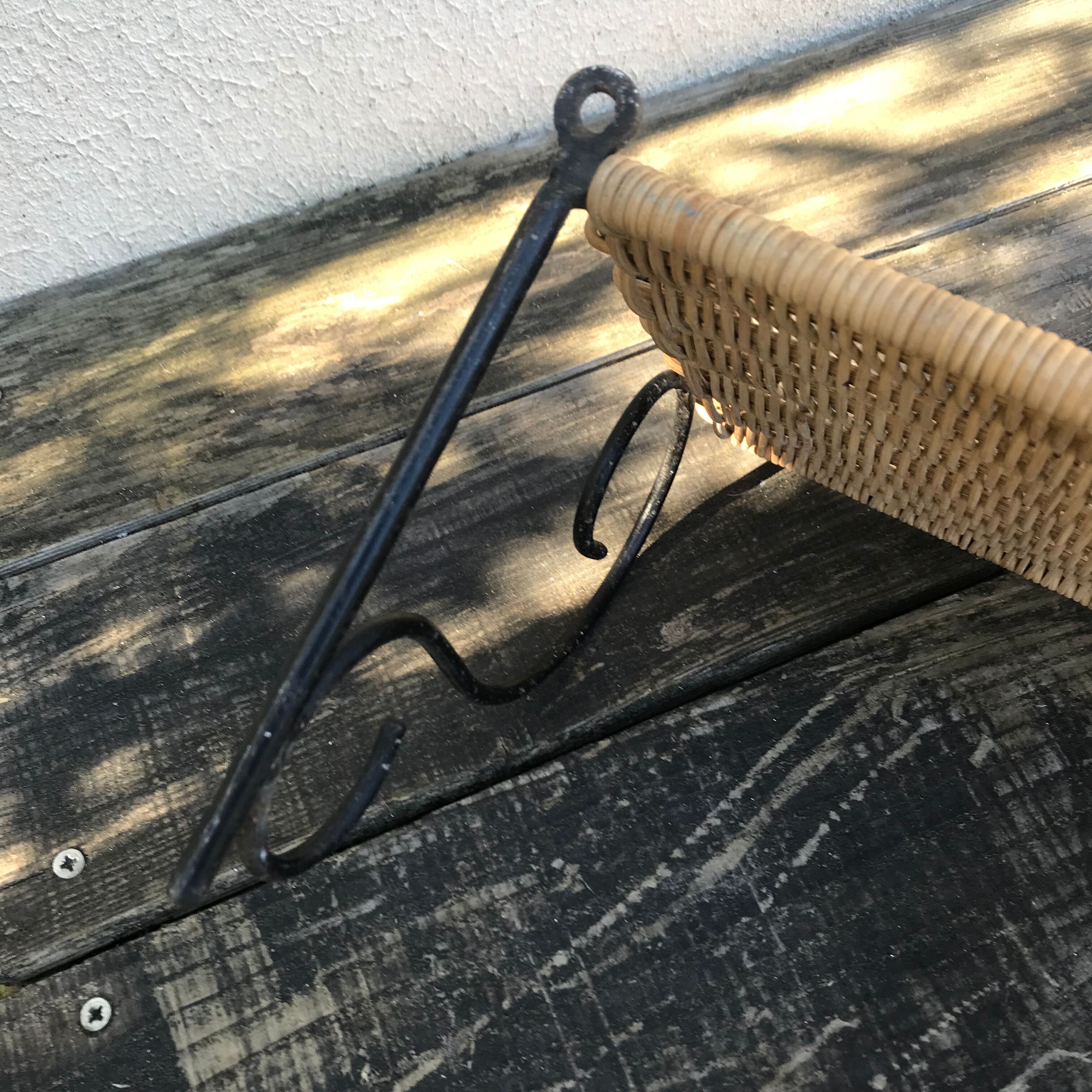 Vintage 1960 wicker wall shelf and wrought iron structure