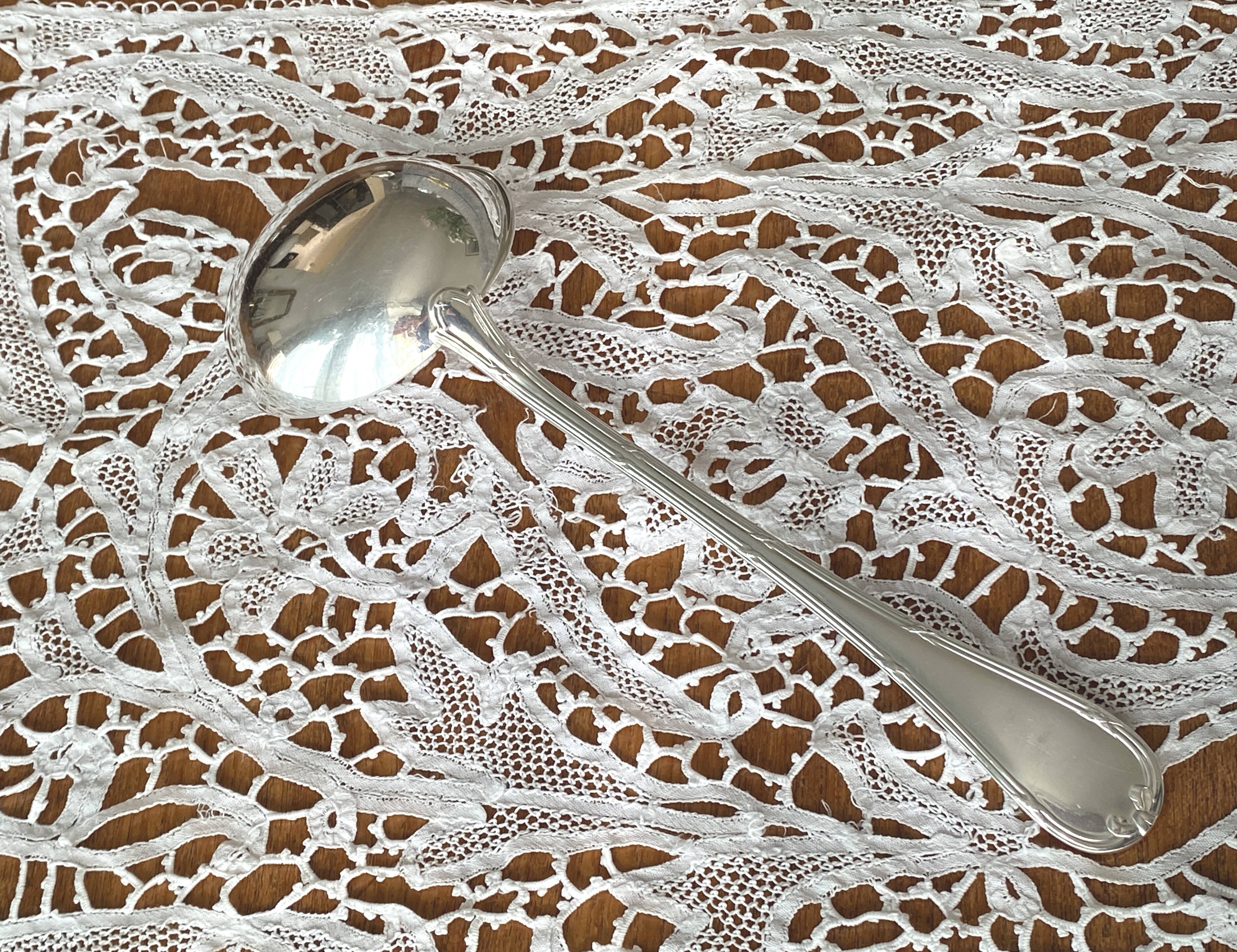 Christofle silver-plated metal ladle, Crossed Ribbon pattern, Louis XVI style