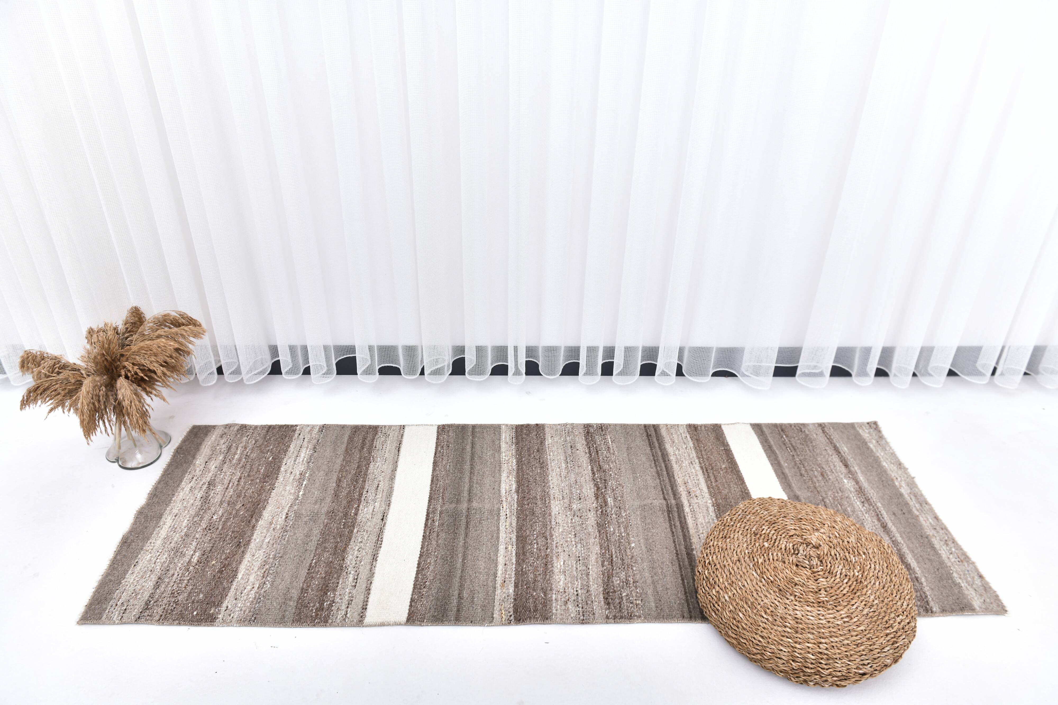 Brown natural wool kilim , hand made wool kilim , runner kilim rug 66x191cm