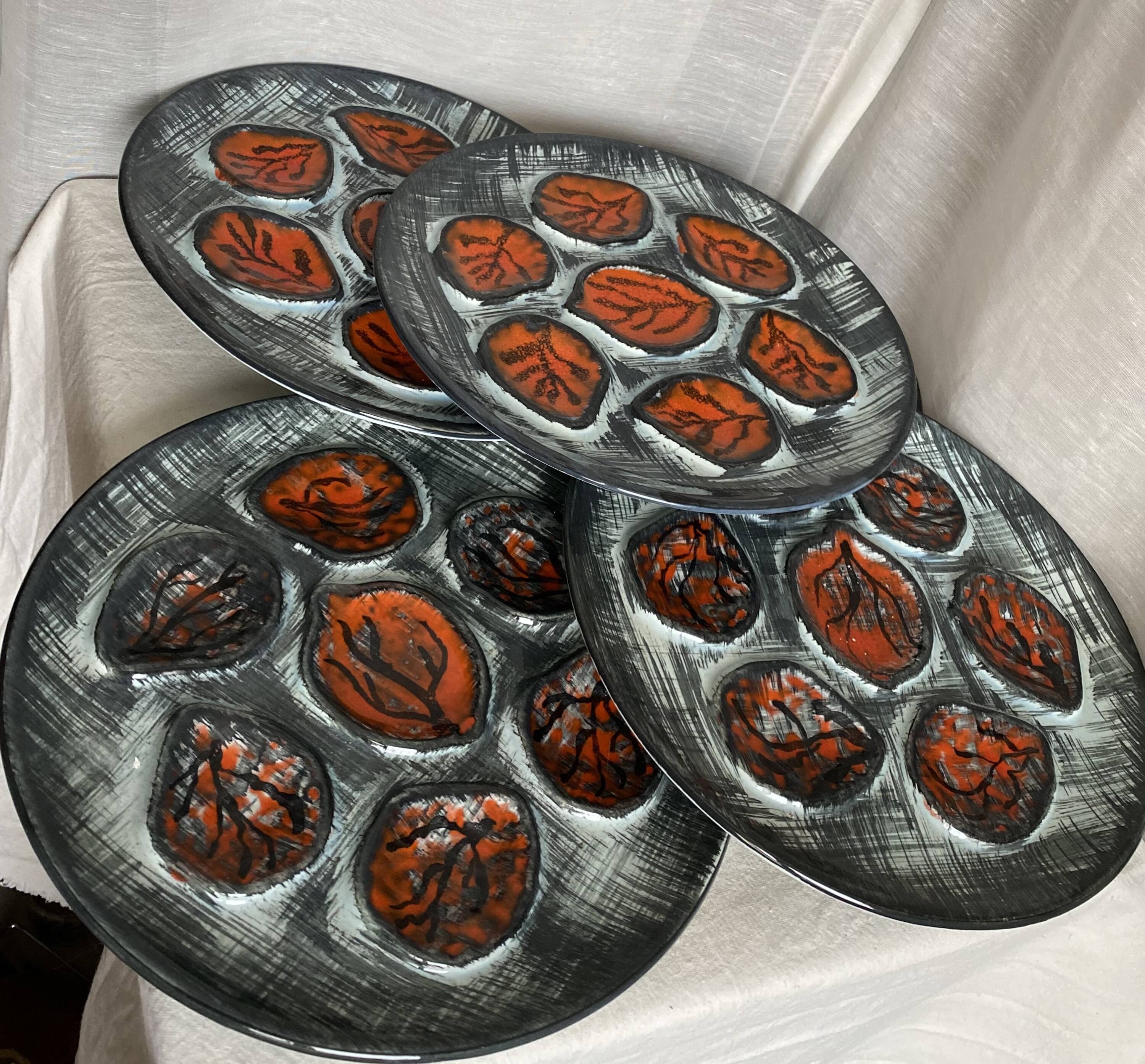 Set of 6 vintage oyster plates, earthenware, 1960s