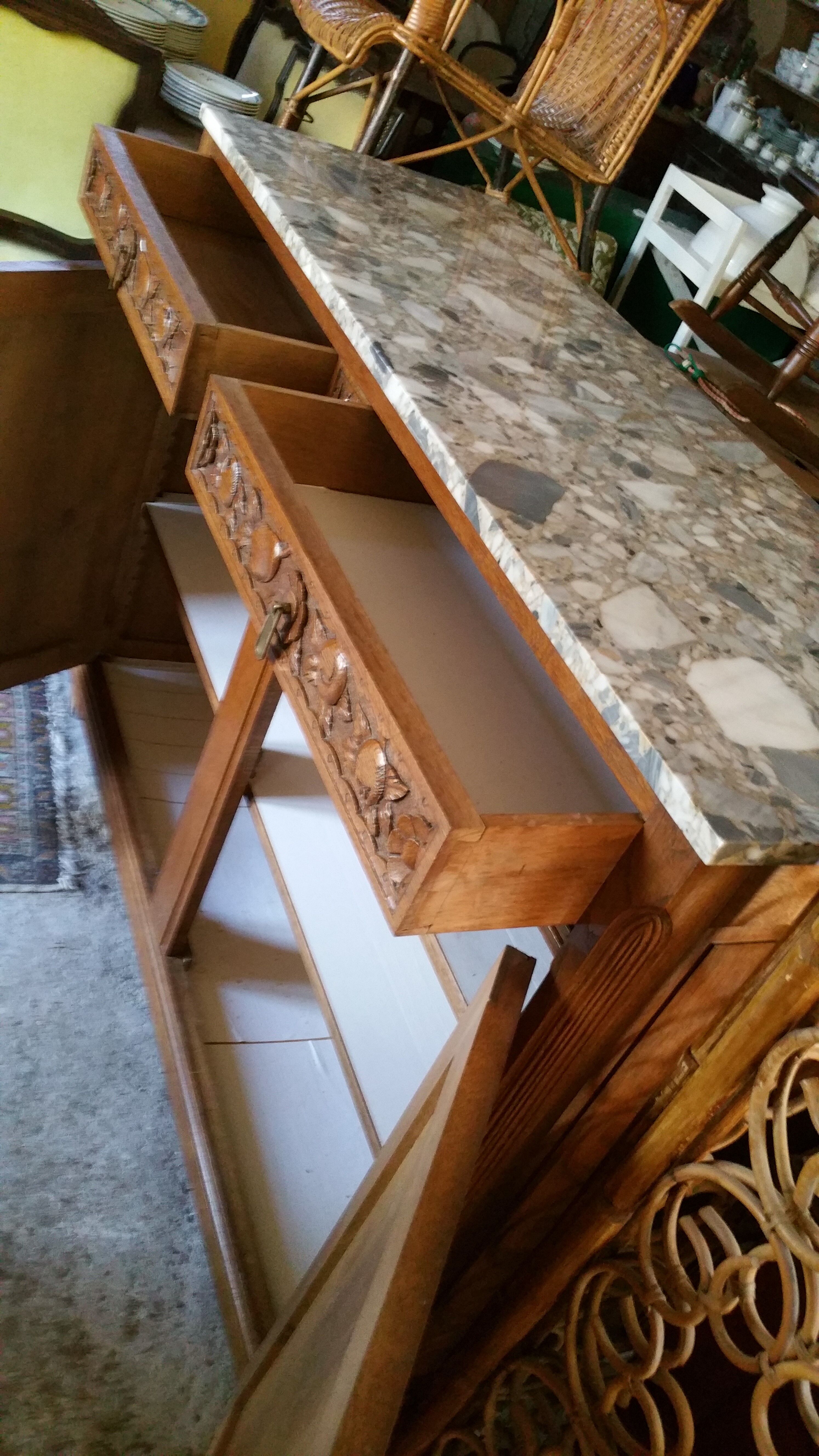 Art deco buffet  in blond oak with shelf marble