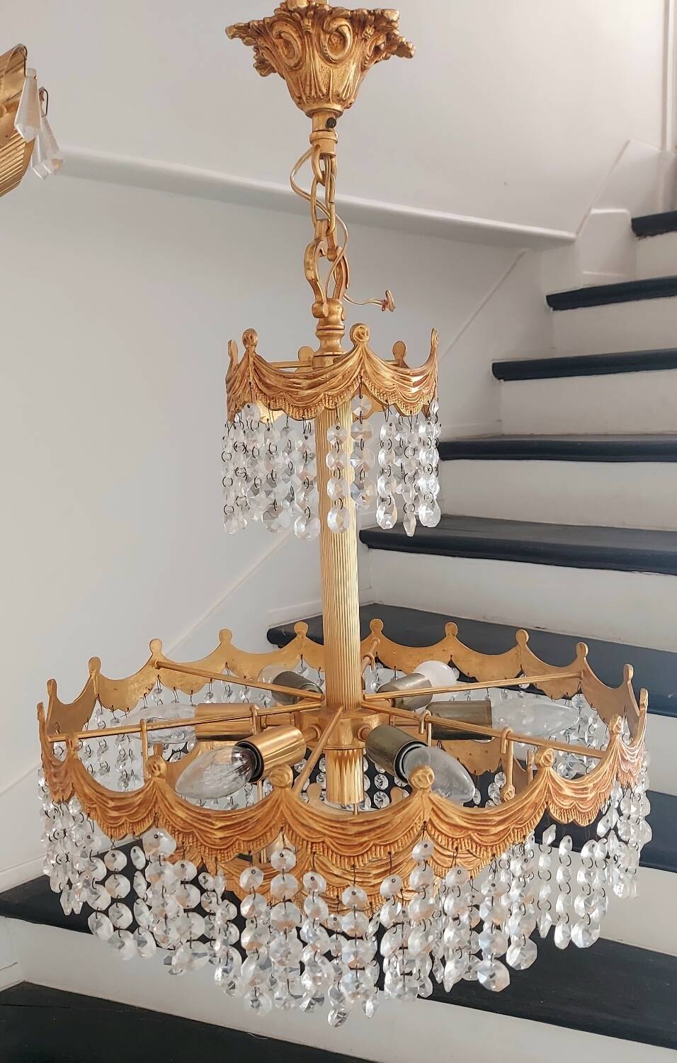 Post Art Deco 4-Tier Gold-Plated Brass & Crystal Chandelier – 1960s