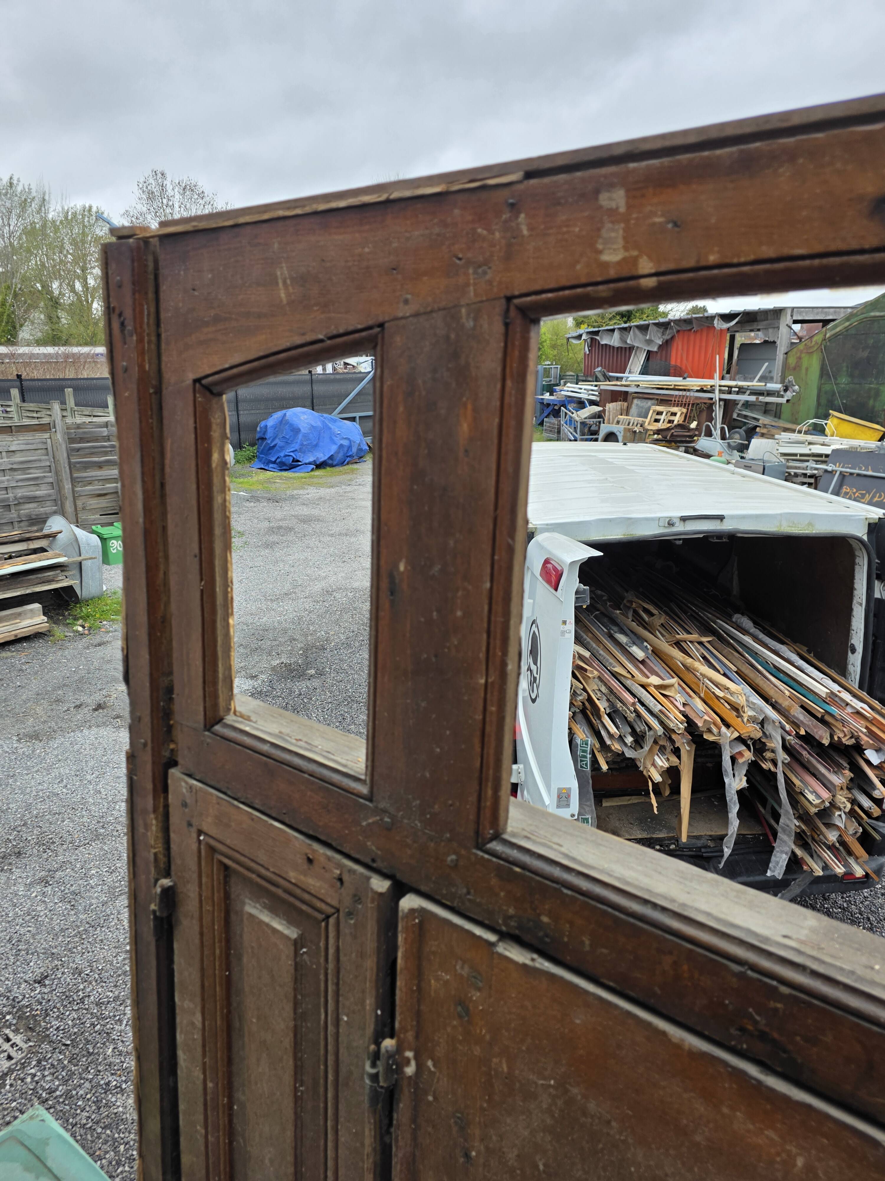 19th-century solid oak entrance door with three openings, including frame.