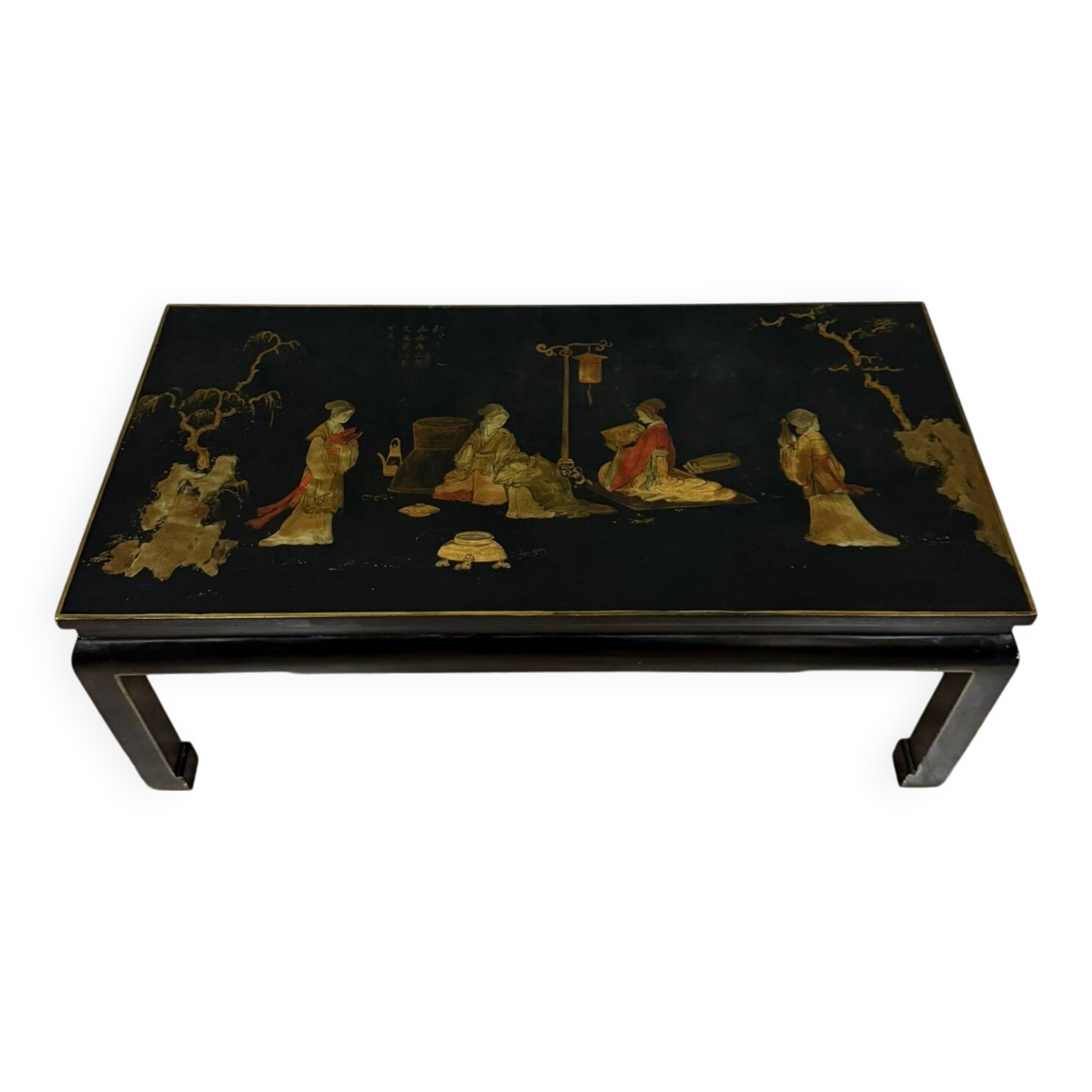 Chinese coffee table in black lacquer and colored mother-of-pearl decorations