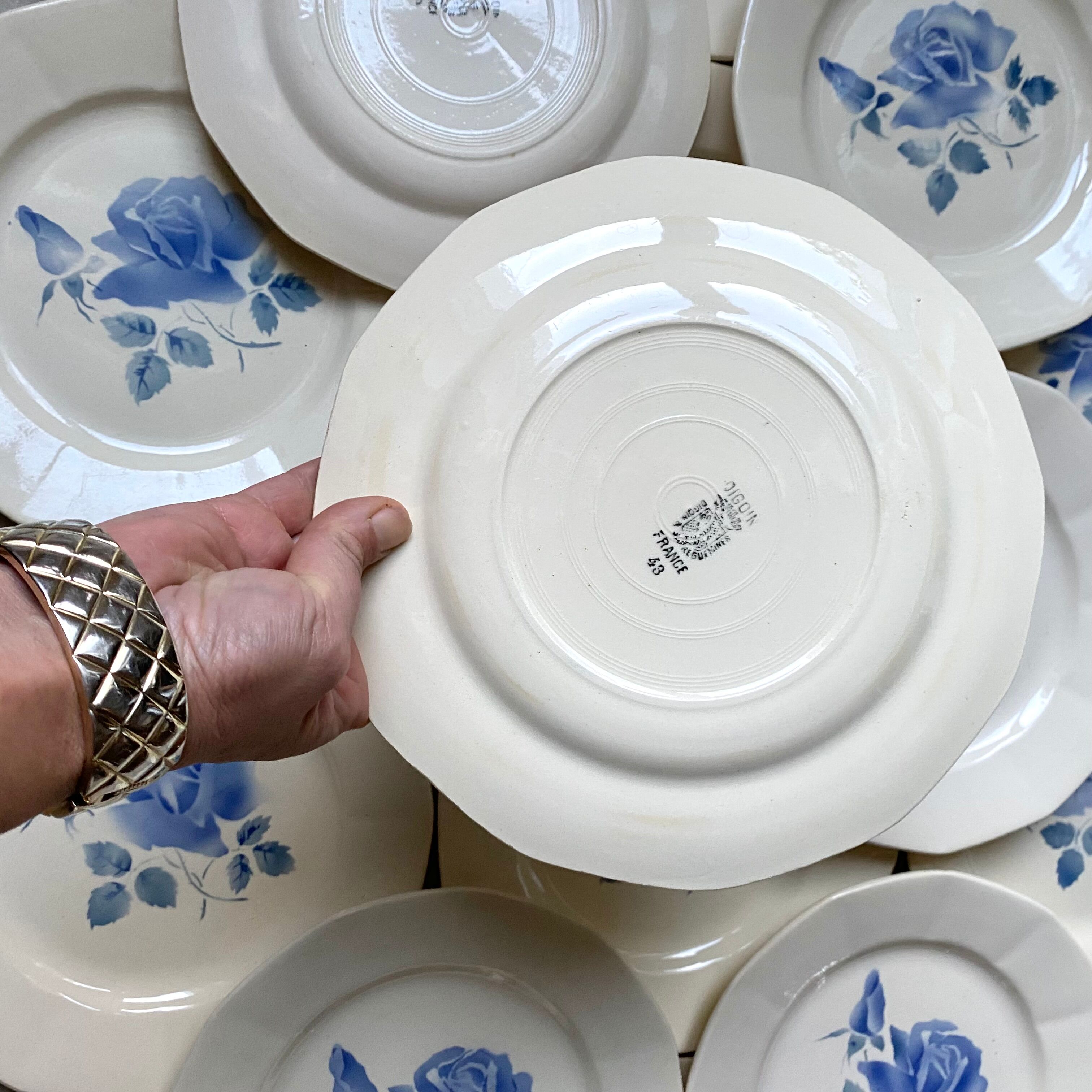 Old plates digoin pink blue