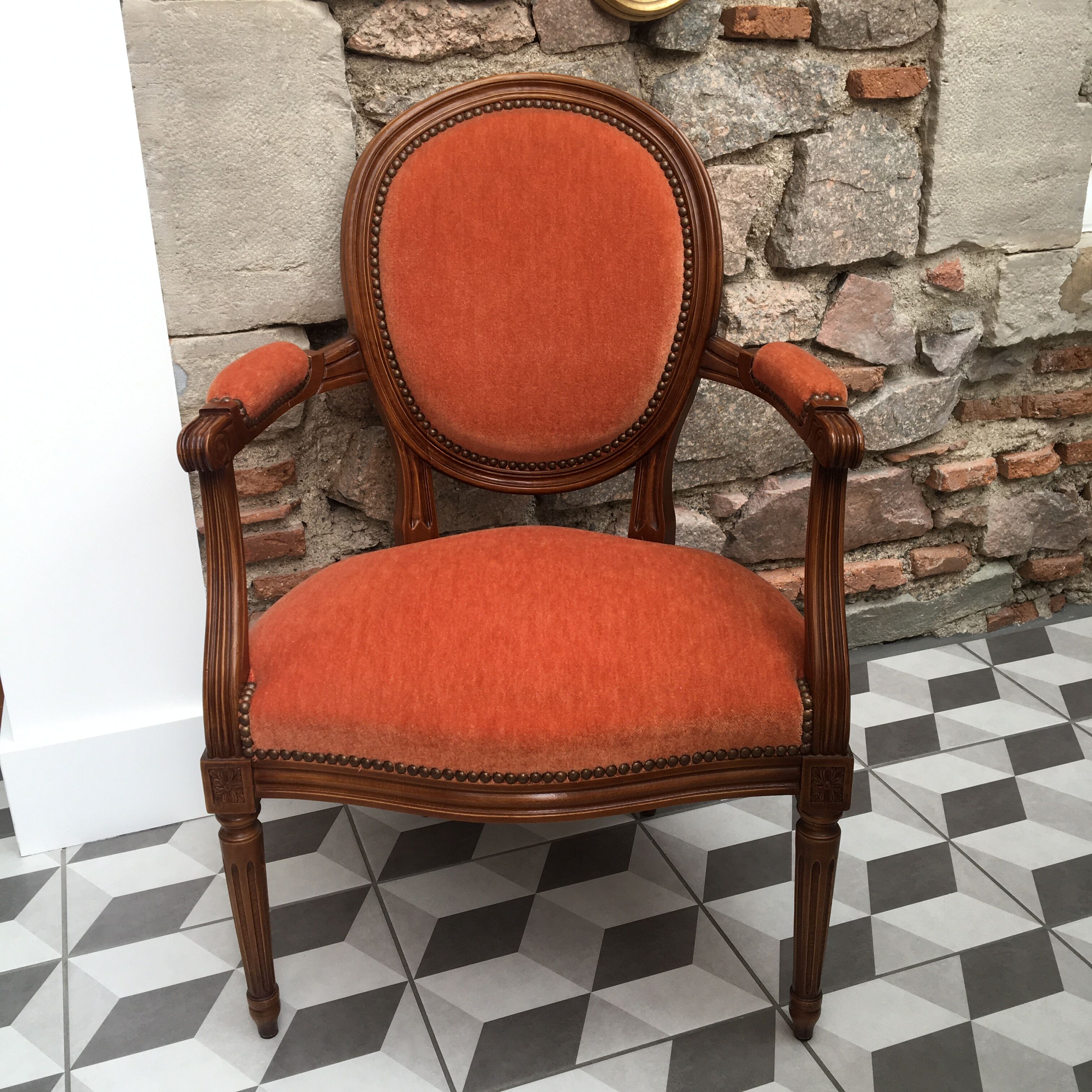 Louis XVI apricot velvet medallion armchair