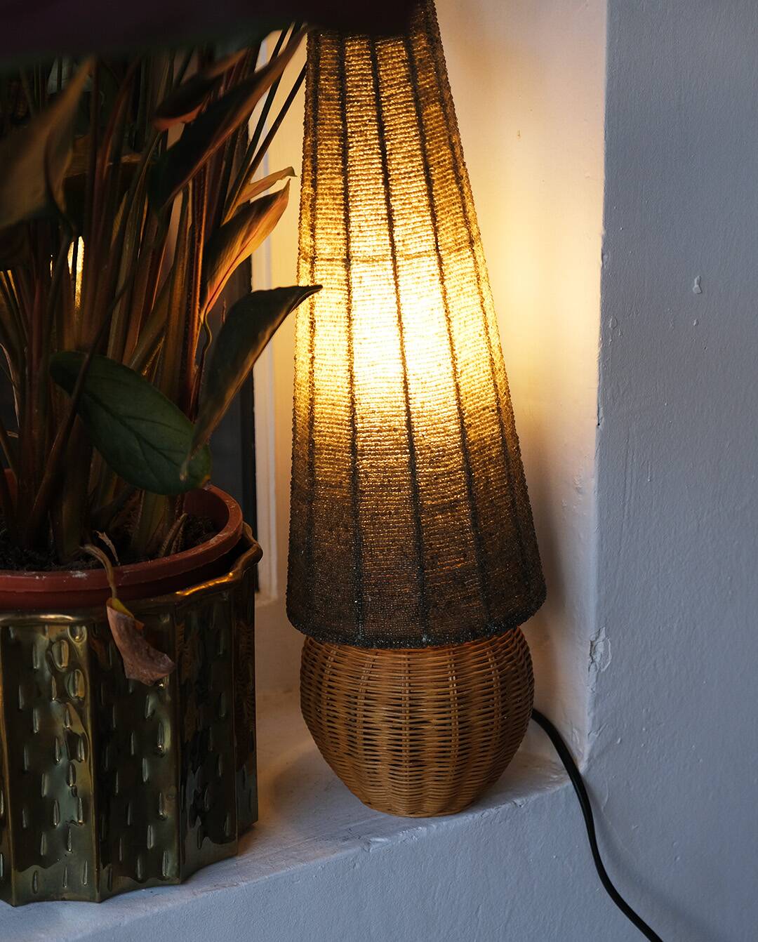 Wicker ball lamp, bead lampshade, vintage