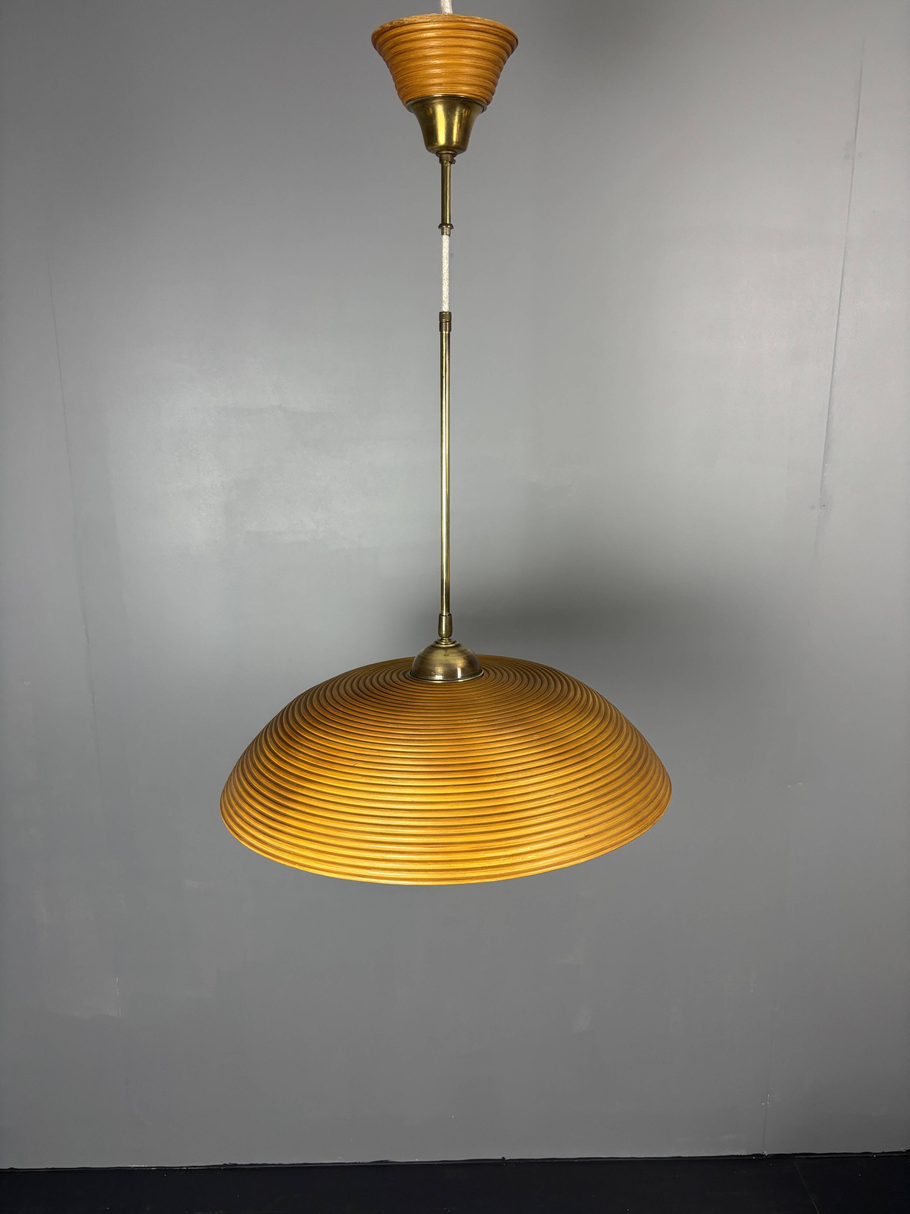 Set of 3 midcentury rattan bamboo pencil reed hanging pendants, Italy 1970s