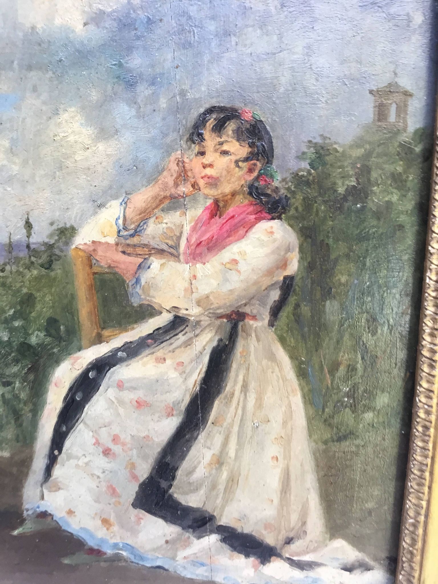 Oil on framed panel, young girl in front of a landscape signed Vico.