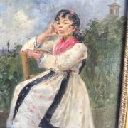 Oil on framed panel, young girl in front of a landscape signed Vico.