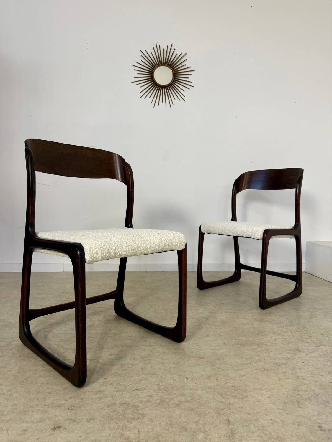 Set of 2 Baumann sled chairs in wood and terry fabric, 60s design
