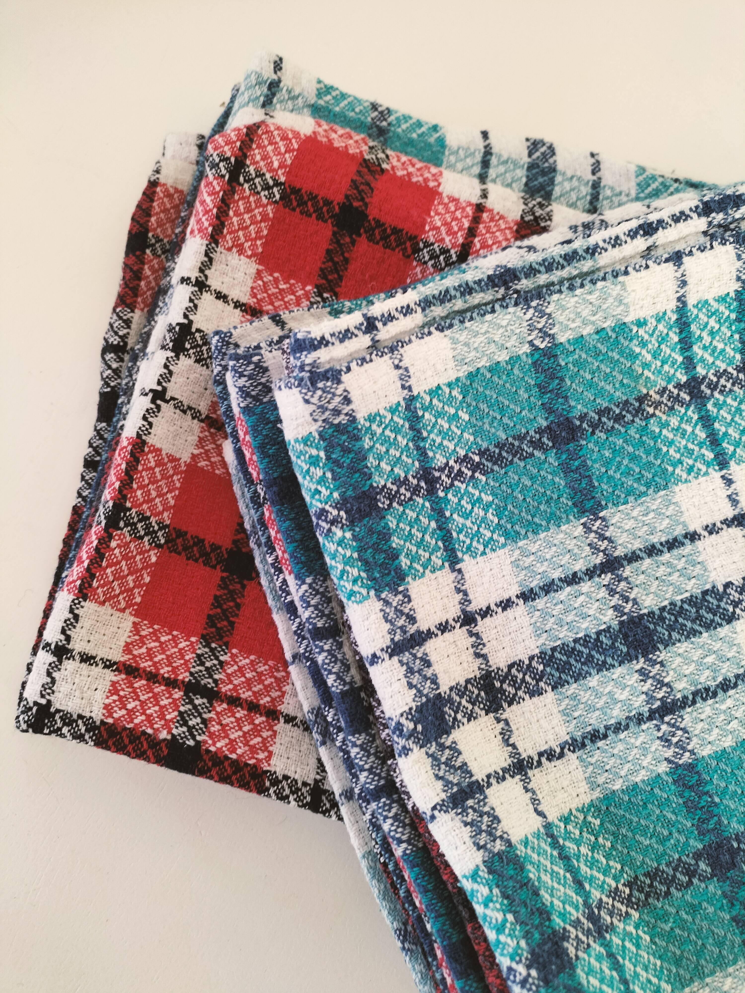 Ensemble de 12 serviettes vintage à carreaux – Rouge et turquoise