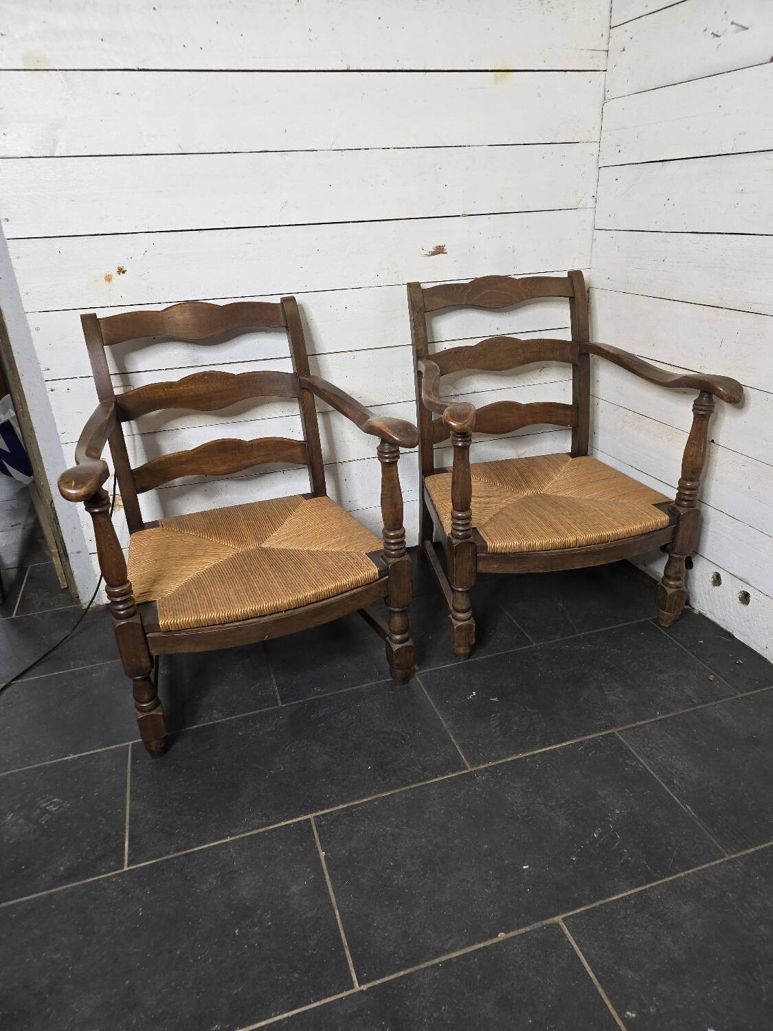 Pair of low beech armchairs