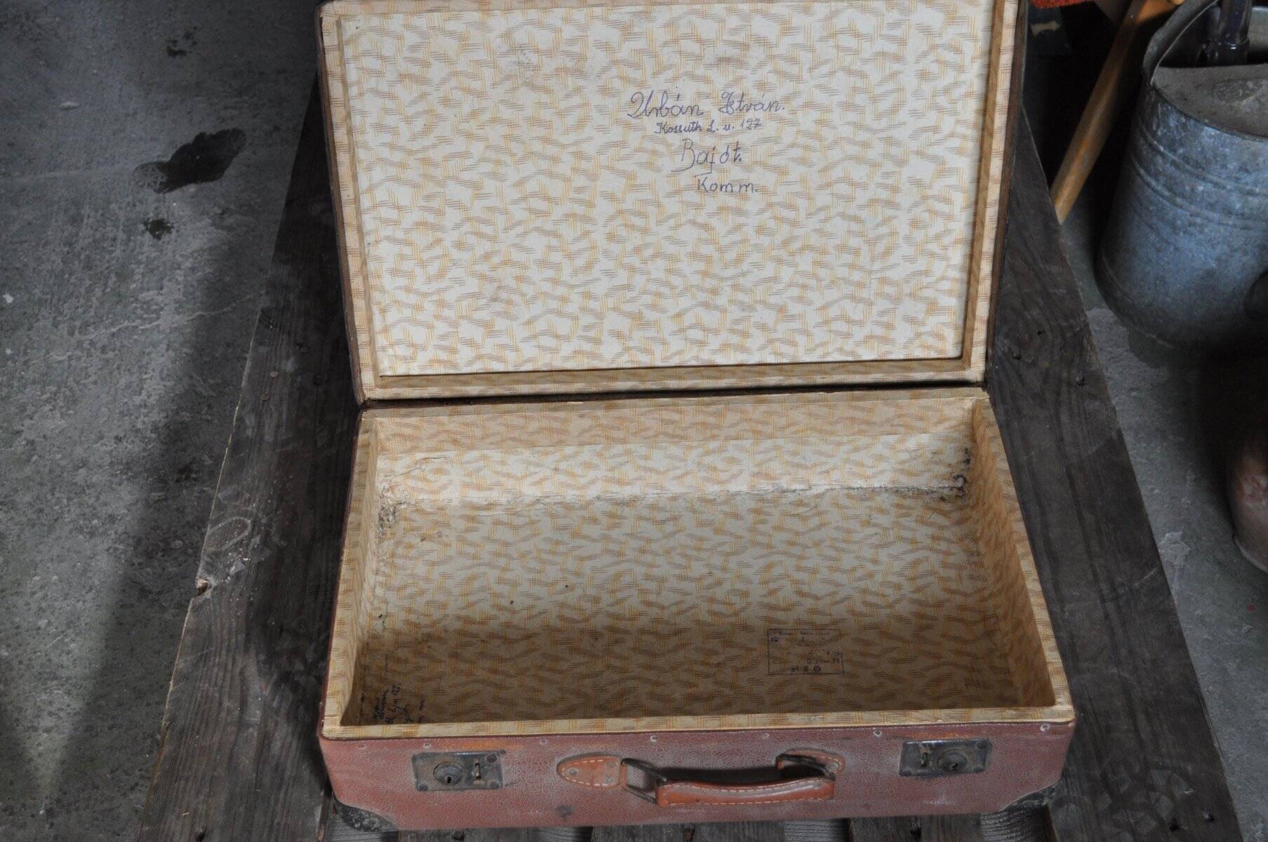 Vintage brown and black leather and metal suitcase - 1930s-1940s Czech Republic