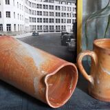 Duo of vintage glazed stoneware potter's pitchers