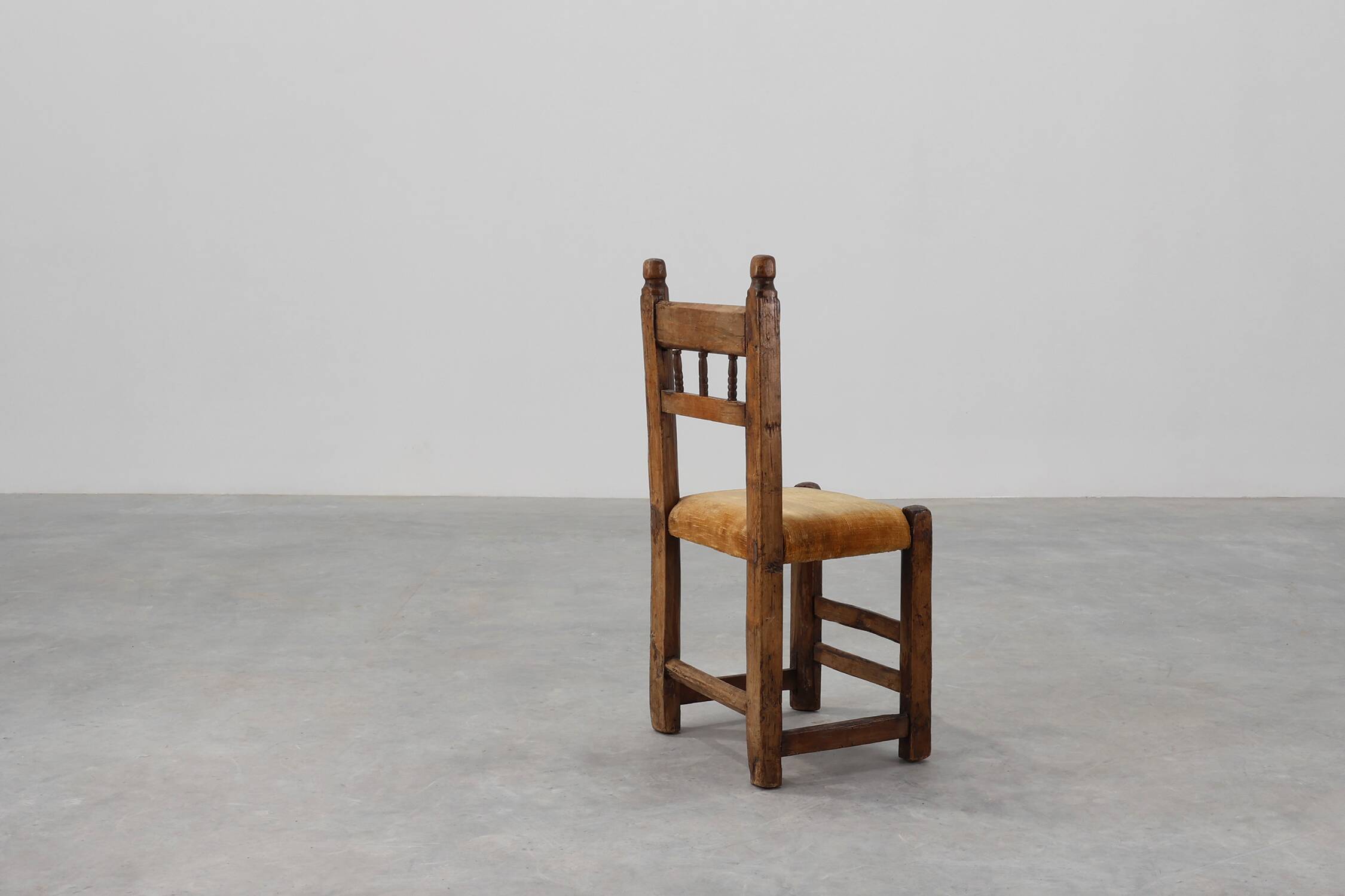 19th Century Spanish Hand-Carved oak Side Chair with Velour Seat