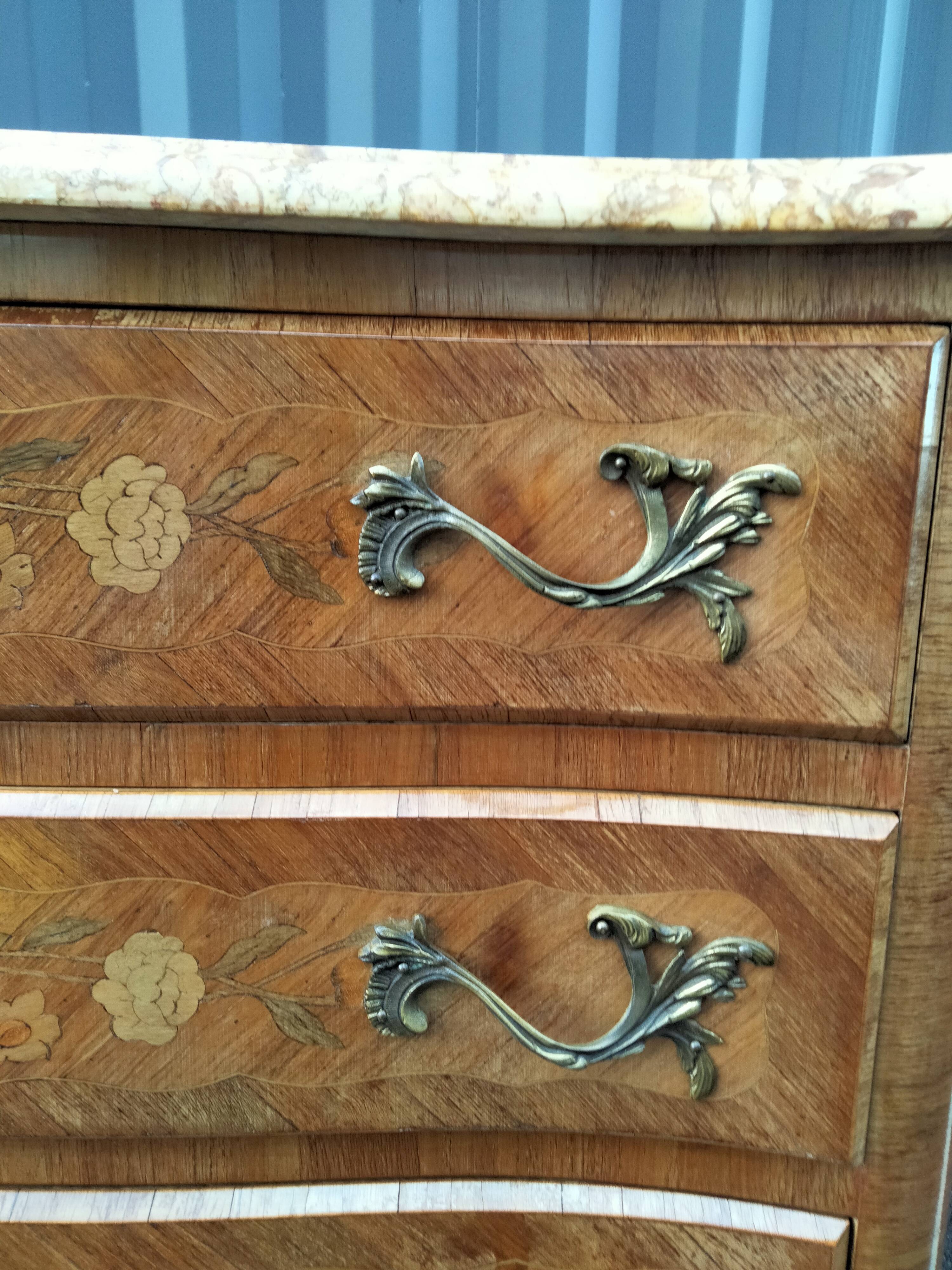Chest of drawers old marquetry marble top Louis XV style