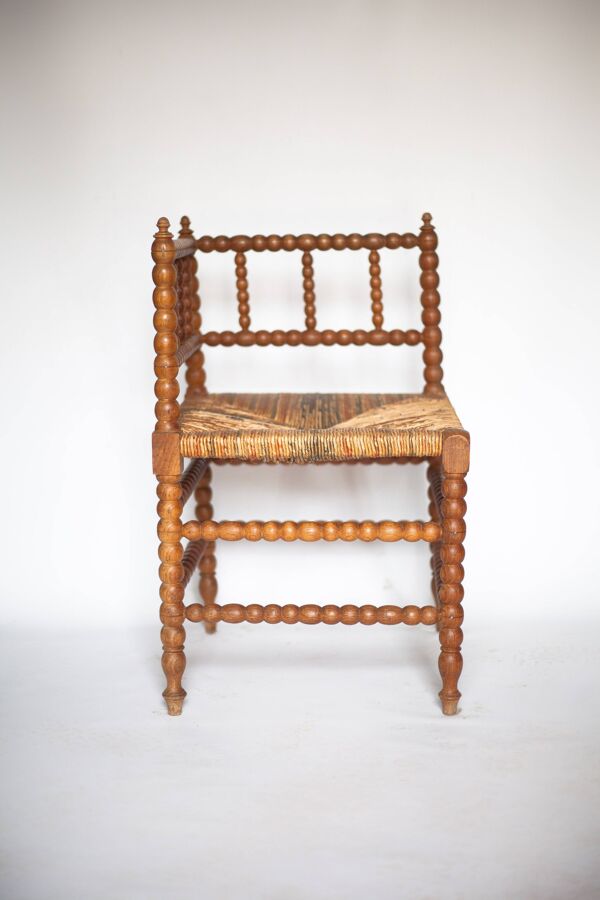 Chaise d'angle bois et cannage, chaise bobine ancienne, chaise d'appoint