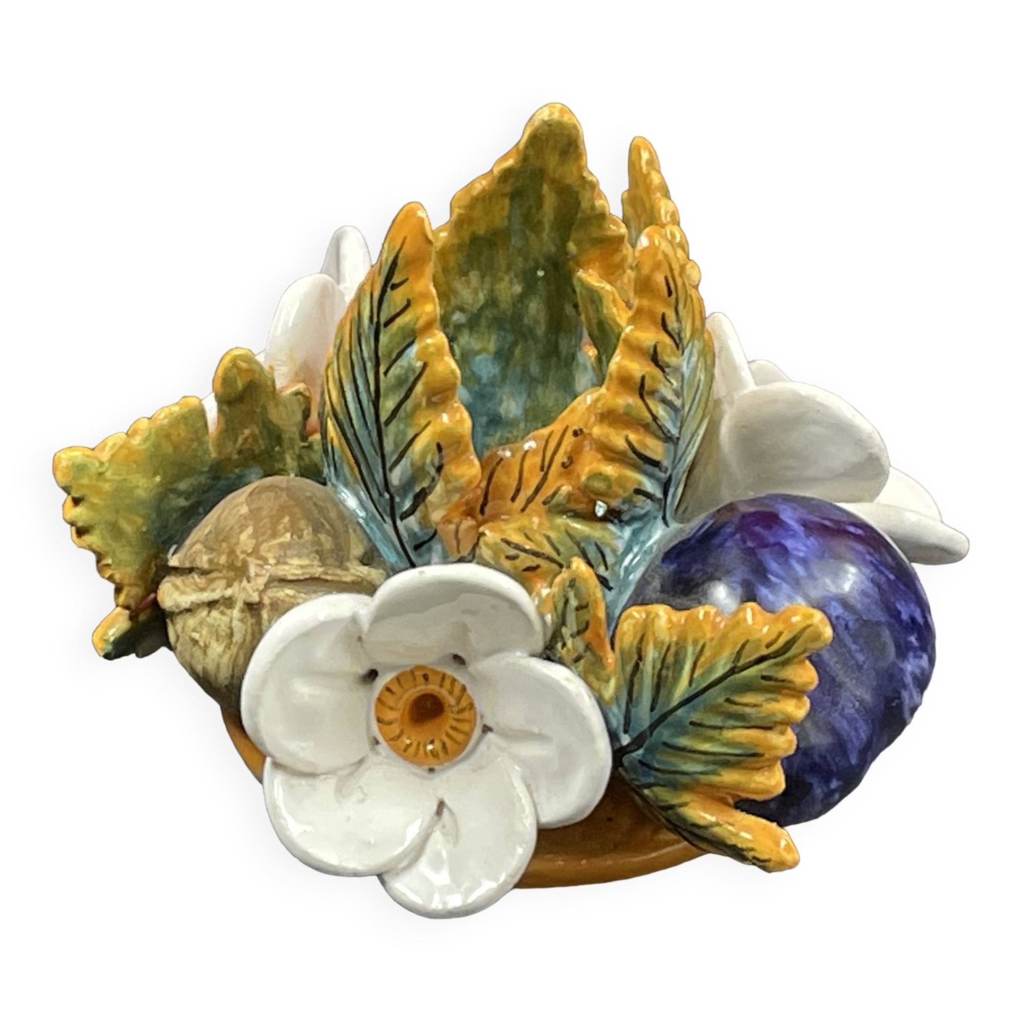 Candlestick with flowers and fruits in slip, Malicorne ceramic