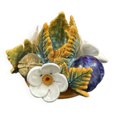 Candlestick with flowers and fruits in slip, Malicorne ceramic
